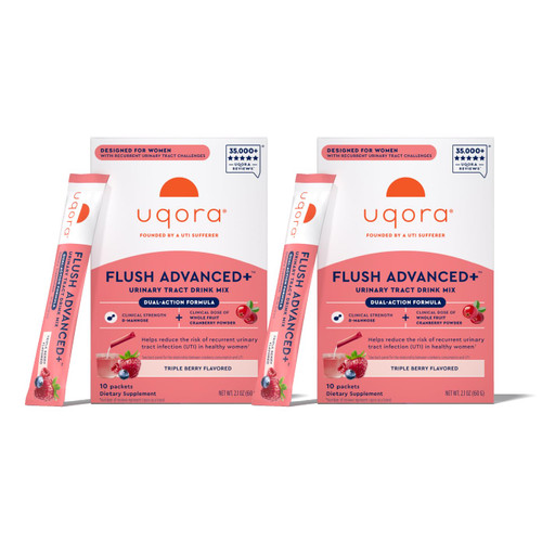 Uqora Flush Advanced+ - Helps Reduce Risk of Recurrent UTI** - with Cranberry, D-Mannose, Vitamin C, Vitamin B6 & Potassium - Gluten-Free & Vegan - Triple Berry Flavor - 20 Packets (2 Pack)