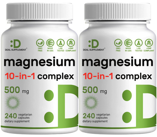Magnesium Complex 500mg, 480 Veggie Capsules – Pack of 2 | 10-in-1 Glycinate, Citrate, Malate, Oxide, & More – 100% Chelated for Easy Absorption – Essential Mineral Supplement – Non-GMO