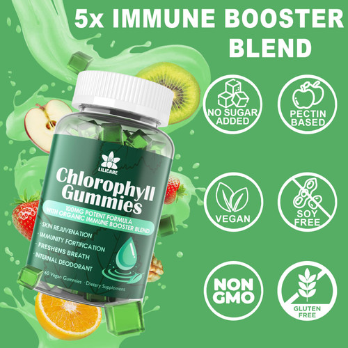 Chlorophyll Gummies - Super Green with Wheat Grass, Sea Moss, Unfiltered ACV & Elderberry, Echinacea, Zinc Complex & Vitamin D3, C, E, B12 for Natural Deodorant, Immune & Digestion Support, 60 Chews