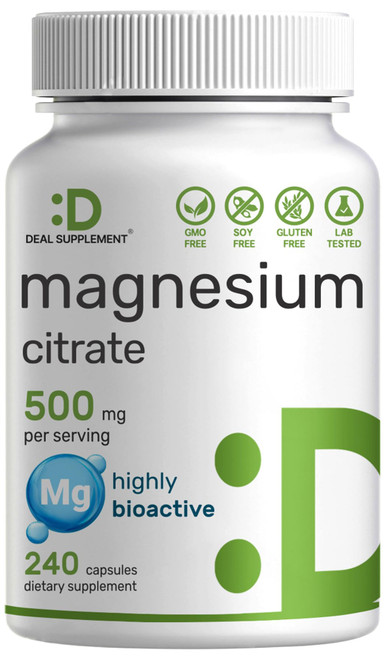 DEAL SUPPLEMENT Magnesium Citrate 500mg, 240 Capsules | Easily Absorbed, Purified Trace Mineral – One a Day, Non-GMO