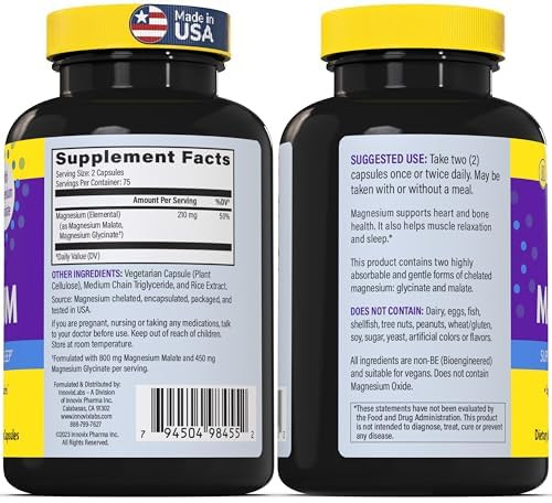 InnovixLabs Advanced Magnesium Capsules - 150 Ct, 210 mg - Chelated Glycinate and Malate - High Absorption, Promotes Relaxation, Bones, Muscle Health, Vegan Malate Sleep Supplement