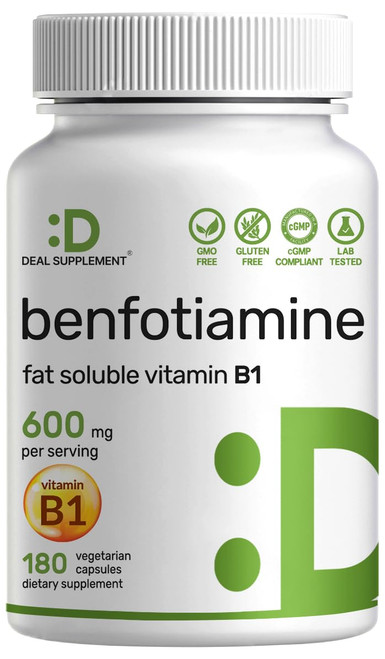 Benfotiamine 600mg Per Serving, 180 Veggie Capsules (300mg Per Cap) – Fat Soluble Vitamin B1 Thiamine Supplement – 3rd Party Tested, Vegan, Non-GMO, Gluten Free