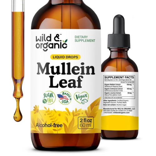 Wild & Organic Mullein Drops for Lungs - Herbal Detox and Cleanse - Mullein Leaf Extract for Lungs with Echinacea - Verbascum Thapsus Tincture - Vegan, Sugar & Alcohol-Free Liquid Supplement - 2 fl oz
