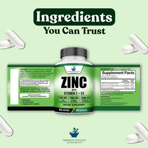 American Standard Supplements Zinc 100mg, Vitamin C 1000mg, and Vitamin D3 5000 IU (125mcg) Per Serving - Gluten Free, Non-GMO, 120 Capsules, 60 Servings
