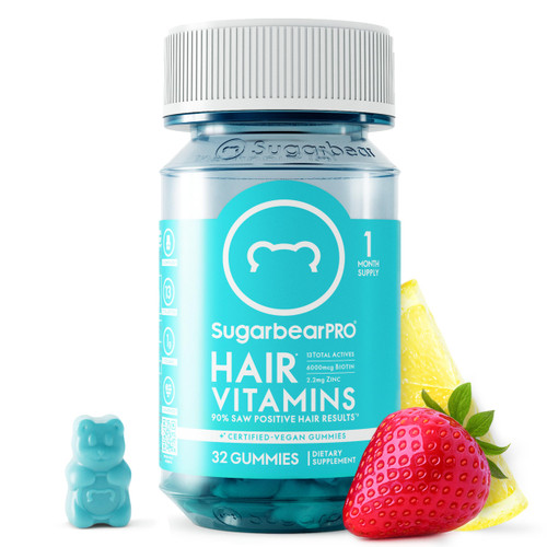 SugarBearPro Hair Vitamin Gummy 1 Month Supply, Extra Strength Biotin 6000mcg for Hair Growth, Vegan Vitamin B12, MSM, Inositol, Omega 3, Elderberry, Certified Kosher, Halal, Cruelty-Free