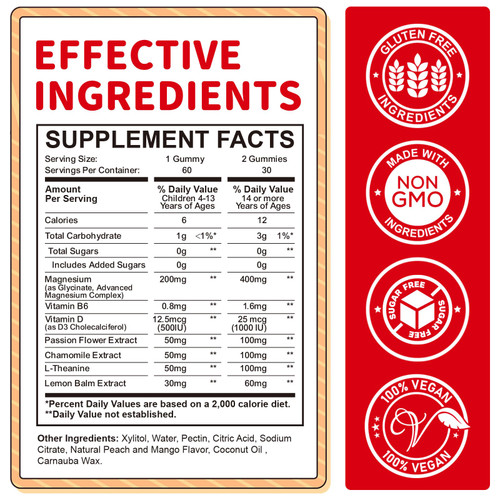 Magnesium Gummies for Kids - Magnesium Glycinate Gummies with L-Theanine, Vitamin B6, D3 for Kids & Adults Sleep, Calm, Relaxation, Stress, Brain, Bones, Muscle Relief, Sugar Free Peach & Mango 60ct