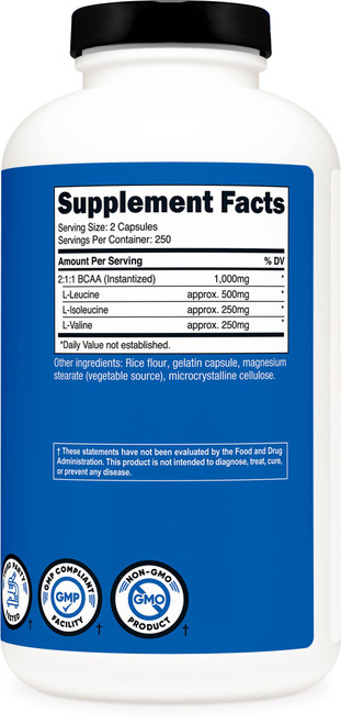Nutricost BCAA 1000mg, 500 Capsules (250 Serv), 2:1:1 Branched Chain Amino Acids (500mg of L-Leucine, 250mg of L-Isoleucine and L-Valine)