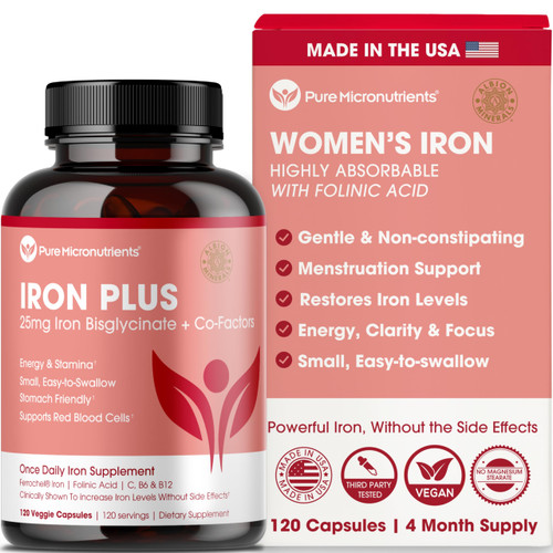 Iron Supplement for Women - Gentle Chelate Iron Bisglycinate 25mg with Vitamin C, B6, B12 Folic Acid – Supports Iron Deficiency, Menstrual Health & Energy - 120 Count