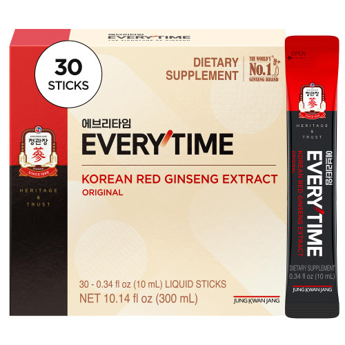 JUNG KWAN JANG Everytime Korean Red Ginseng Extract Stick 3,000mg Original - Adaptogen Energy Drink Liquid Stick Supplements - Energy Boost & Immune Support, Caffeine Free (30 Sticks)