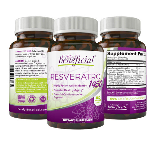 PURELY beneficial RESVERATROL1450-90day Supply, 1450mg per Serving of Potent Antioxidants & Trans-Resveratrol, Promotes Anti-Aging, Cardiovascular Support, Maximum Benefits(1bottle)