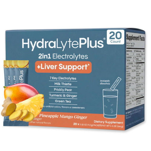 Hydralyte Liver Support + Electrolyte Mix with Milk Thistle, Turmeric, Ginger, Prickly Pear, Green Tea Extract Formulated for Rapid Rehydration (Pineapple Mango Ginger, 20 Packets)