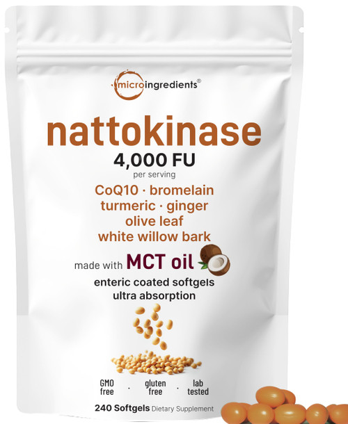 Micro Ingredients Nattokinase 4,000 FU Equivalent, 240 Softgels | 7-in-1 Ultra Absorption Cardiovascular Supplement with CoQ10, Bromelain, Turmeric, Ginger, Olive Leaf, & White Willow Bark