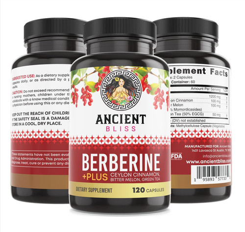 Ancient Bliss Berberine HCL 1200mg with Ceylon Cinnamon, Bitter Melon, and Green Tea Extract - 120 Capsules