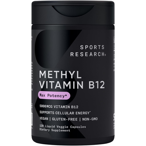 Sports Research® Vitamin B12 as Methylcobalamin 5000mcg - High Potency Vegan B12 w/Coconut MCT Oil for Energy Metabolism Support - Vegan Certified · Non-GMO · Gluten Free - 120 Liquid Caps
