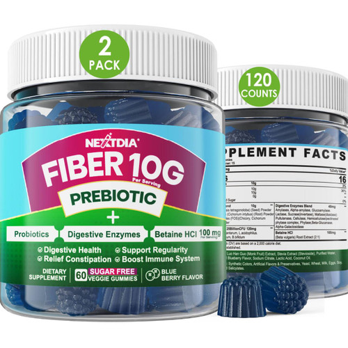 Fiber Gummies for Adults, Sugar Free 10g Prebiotic Fiber Supplement with Digestive Enzymes, Probiotics & 100mg Betaine for Digestive & Gut Health and Regulate Bowel Movement, Vegan, Gelatin Free,120ct