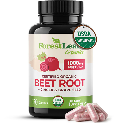 ForestLeaf USDA Organic Beet Root Capsules - Beetroot Supplement 1000mg 20:1 Extract w/Ginger Grape Seed - Support Blood Pressure, Nitric Oxide, Flow, Circulation - Made in USA - 120 Caps