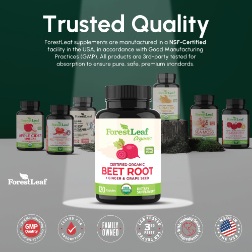 ForestLeaf USDA Organic Beet Root Capsules - Beetroot Supplement 1000mg 20:1 Extract w/Ginger Grape Seed - Support Blood Pressure, Nitric Oxide, Flow, Circulation - Made in USA - 120 Caps