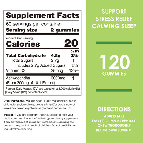 Nature's Key Ashwagandha Gummies, High Potency Ashwagandha Root Extract with Vitamin D2, for Men & Women, Stress, Calm Mood & Cognition, Strawberry Flavor (120 Count (Pack of 1)