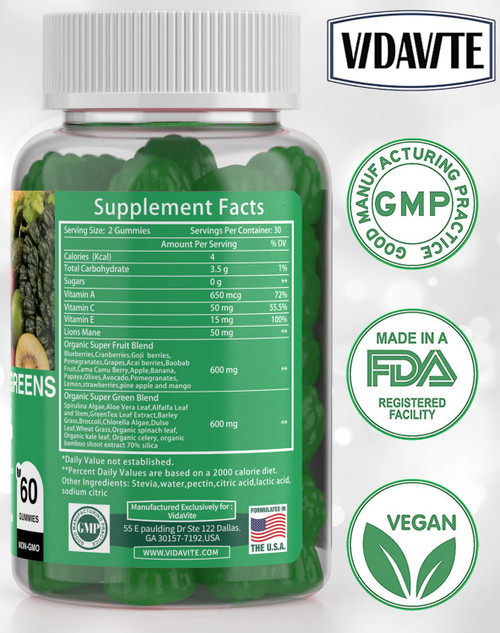 VIDAVITE Sugar-free Super Greens Gummies — US-Made, 35+ Fruit and Veggie gummies to Boost Immunity, Skin & Gut Health — Ideal Fruits and Vegetables Supplement for Adults & Picky Teens (30-Days Supply)