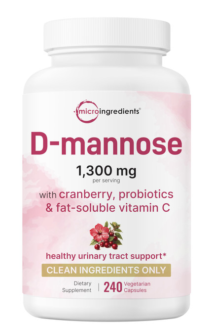 Pure D Mannose 1,300mg with Cranberry & Probiotics, 240 Veggie Capsules | Urinary Tract Health for Women | Plus 1 Million CFU Probiotics Blend & High Absorption Vitamin C | Filler Free, Non-GMO