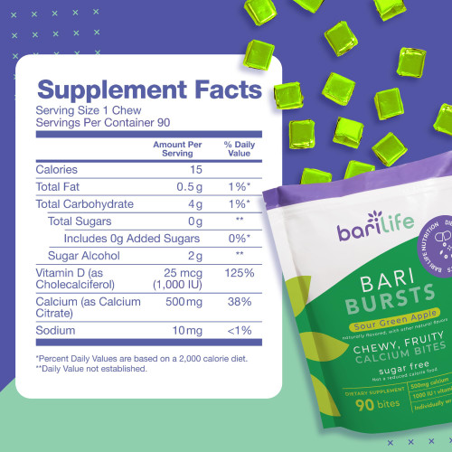 Calcium Citrate Bariatric Calcium Chews with 1000 IU Vitamin D3 - Ideal for Bariatric Patients - BariBurst by Bari Life (Sour Green Apple)
