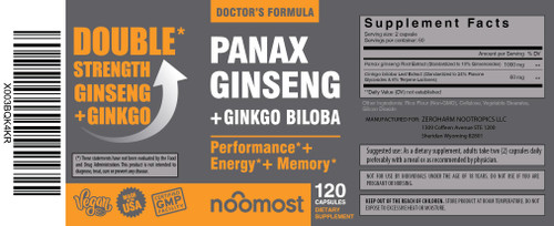 NooMost Authentic Korean Red Panax Ginseng + Ginkgo Biloba, 120 Vegan Capsules, Ginseng Root Extract Powder 1000mg (10% Ginsenosides) + Gingko Biloba 60mg, Energy and Focus Pills for Men and Women