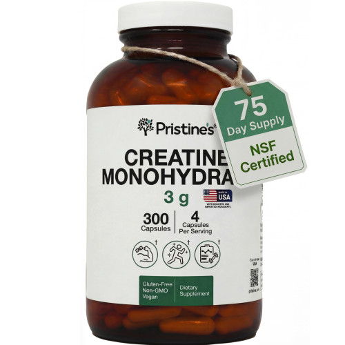 PRISTINE'S Creatine Monohydrate Capsules for Women & Men - NSF Certified 75 Day Supply 3G Muscle Growth Support Supplement - Cognitive & Athletic Performance Support - Enhanced Recovery