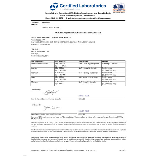 PRISTINE'S Creatine Monohydrate Capsules for Women & Men - NSF Certified 75 Day Supply 3G Muscle Growth Support Supplement - Cognitive & Athletic Performance Support - Enhanced Recovery