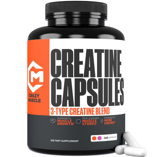 Crazy Muscle Creatine Capsules, 5g of Premium 3X ThreeAtine Pre Workout Bulk Mass Gainer, High Absorption Easy to Take Creatine Monohydrate, Optimum Performance for Men Women, 360 Capsules