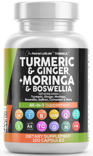 Clean Nutraceuticals Turmeric Moringa Supplement | Ginger Boswellia Saffron - Supplement for Women and Men with Ceylon Cinnamon, Tart Cherry, Quercetin Garlic Nettle Holy Basil - 1Pack
