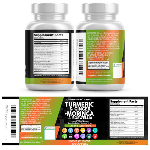 Clean Nutraceuticals Turmeric Moringa Supplement | Ginger Boswellia Saffron - Supplement for Women and Men with Ceylon Cinnamon, Tart Cherry, Quercetin Garlic Nettle Holy Basil - 1Pack