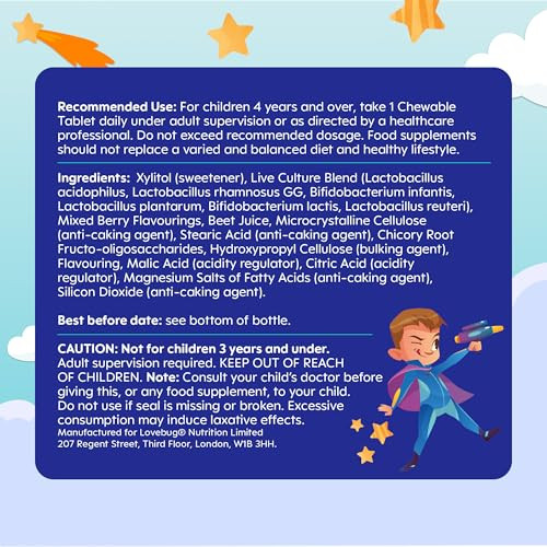 LOVEBUG Probiotics for Kids – Probiotic Chewables with Prebiotic Fiber for Age 4+,Daily Children's Gut Health & Digestive Support Supplement, Sugar-Free Berry Flavor, 30 Count