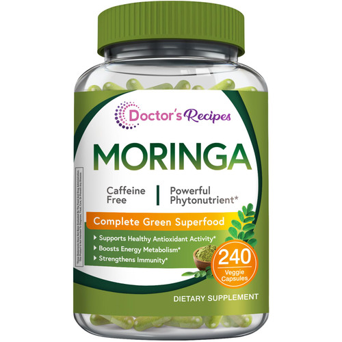 Doctor's Recipes Moringa, Complete Green Superfood, Natural Antioxidant Support, Non-GMO, 240 Vegan Caps, No Caffeine Soy Gluten