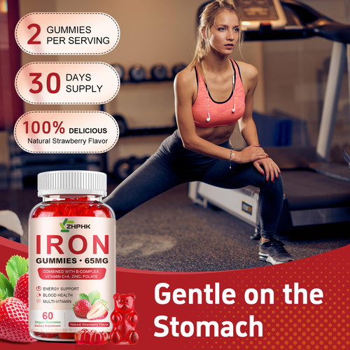 ZHPHK Iron Supplement Gummies for Women, Men & Kids, 65mg Iron & 250mg Vitamin C per Serving - Healthy Blood, Energy & Immune Support Iron Vitamin Gummy with Folate, 2 Pack