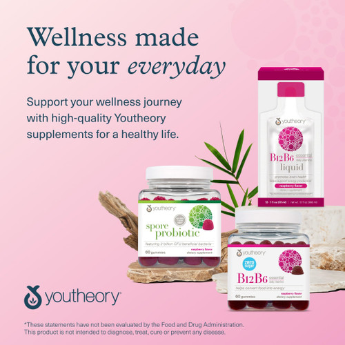 Youtheory Vitamin B12 B6, Daily Energy and Brain Support Supplement, Liquid Raspberry Flavor, 12 – 1oz Single Serving Packets