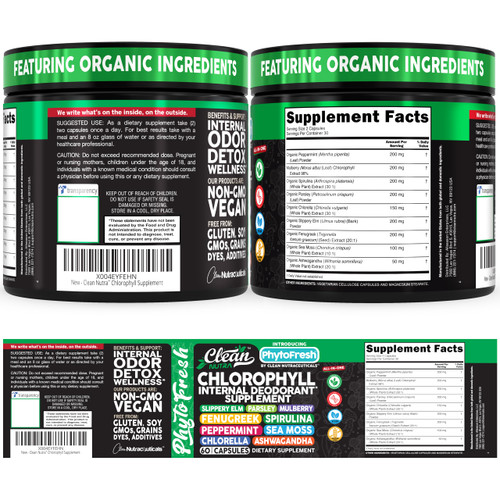 Clean Nutra Chlorophyll Capsules Supplement Internal Deodorant Peppermint, Sea Moss, Parsley, Chlorella, Spirulina, Slippery Elm, Ashwagandha, PhytoFresh Greens Detox Pills