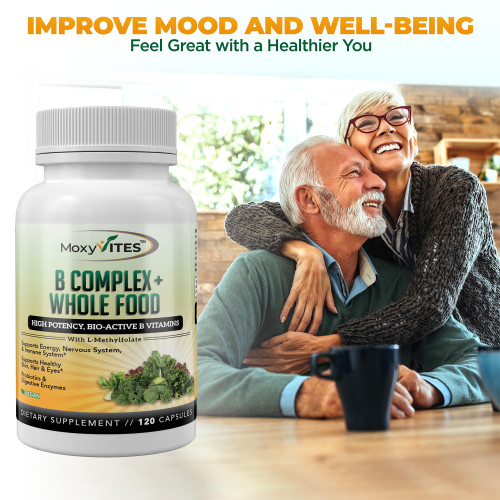 MoxyVites Vitamin B Complex - B Vitamins Whole Food Supplement, B12 Methylcobalamin, B1, B2, B3, B5, B6, B7, B9 - for Stress, Energy and Immune Support, Vegan, 120 Capsules