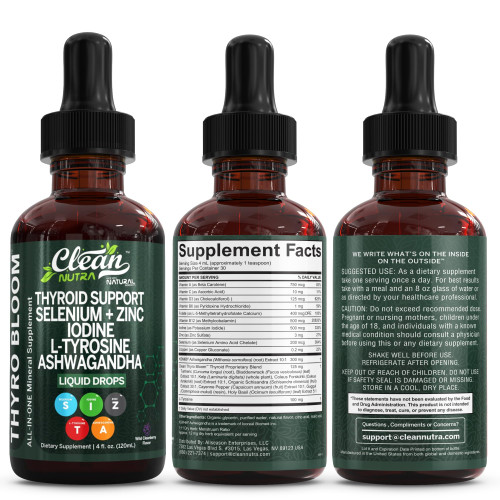 Clean Nutra Thyroid Support Drops Selenium Zinc Iodine L Tyrosine KSM66 Ashwagandha Vitamin D3 B12 A C Turmeric Kelp Schisandra Guggul Cayenne Basil Liquid Supplement Folate Copper Thyro Bloom Drop
