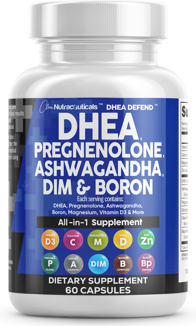 DHEA 200mg Supplement Pregnenolone 100mg for Men & Women with DIM Ashwagandha Boron 6mg Complex Calcium Magnesium Zinc 50mg Vitamin D3 5000 iu Hormone Support Capsules Pills - Made in USA 60 Ct