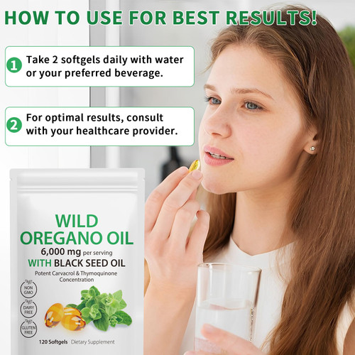 Tooffi Oil of Oregano Capsules - 2 in 1 6000mg Oil of Oregano with Black Seed Oil 200mg - Oregano Oil Supplement Capsules - Digestive Support & Antioxidant, Non-GMO Digestive Support (2 Pack)