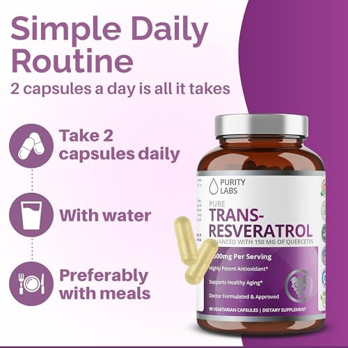 Purity Labs Trans-Resveratrol Supplement 5,000 mg Equivalent per Serving with Quercetin, USDA Organic High Potency Antioxidant, Vegan Capsules, 90 Count