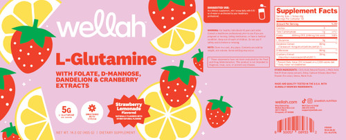 Wellah L-Glutamine Strawberry Lemonade Flavored (50 Servings) - 5g L-Glutamine Per Serving, Sweetened with Stevia