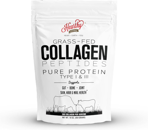 HEARTHY FOODS Collagen Powder - 18g Protein - Pure Halal Collagen Peptides Grass Fed Organic Hydrolyzed Powder | Type I and III Unflavoured Keto Friendly Gluten Free No Sugar Non GMO 16 Oz