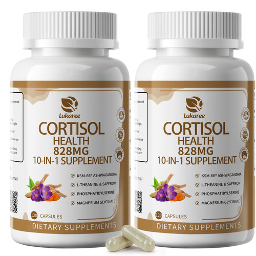 10-IN-1 Cortisol Supplements w/ KSM-66® Ashwagandha 300mg + L-Theanine 250mg, Magnesium Glycinate, Saffron, Phosphatidylserine, Turmeric & Vitamin C D3 B6 B5, For Women Men, 120 Capsules 2 Pack