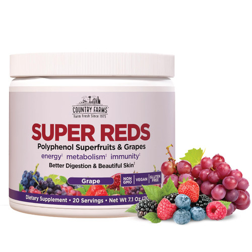Country Farms Super Reds, Energizing Polyphenol Superfood, 40 Super Fruits and Berries, Powerful Antioxidants and Polyphenols, Supports Energy and Immunity, 20 Servings, Grape Flavor