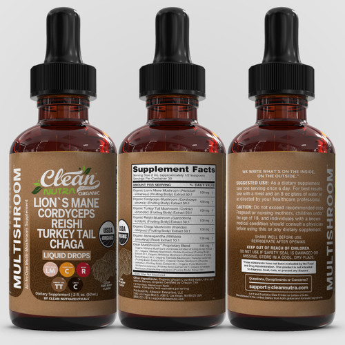 Organic Lions Mane Mushroom Supplement Liquid Drops + Turkey Tail Cordyceps Reishi Chaga Shitake Maitake Tremella Oyster Mushrooms Poria and Enokitake Complex Blend by Clean Nutra
