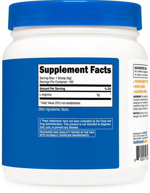 Nutricost L-Arginine Powder 500 Grams (1.1lbs) - Pure L-Arginine Powder - 5000mg Per Serving; 100 Servings