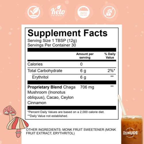 Renude Chagaccino - Chaga Mushroom Powder, Mushroom Coffee Drink Mix with Adaptogens, Natural Energy and Immune Support, Vegan, Keto, Zero Calorie Mushroom Blend Powder - 30 Servings