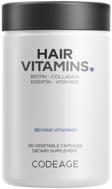 Codeage Hair Vitamins 10000 mcg Biotin, Keratin, Collagen, Vitamin A, B12, C, D3, E, Zinc, Turmeric, Probiotics, Enzymes, Inositol - Hair Care Support - Healthy Hair Supplement Pills - 120 Capsules