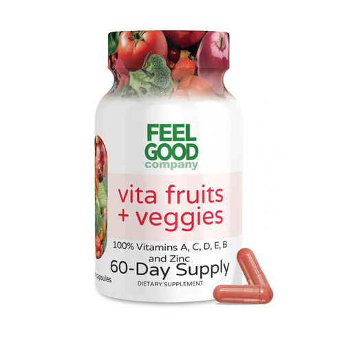 FeelGood Superfoods Vita Fruits and Veggies Capsules - 25 Superfood Ingredients, Fruit and Vegetable Multivitamin, 60 Count - for Men and Women - Vitamins A, C, D, E, B and Zinc
